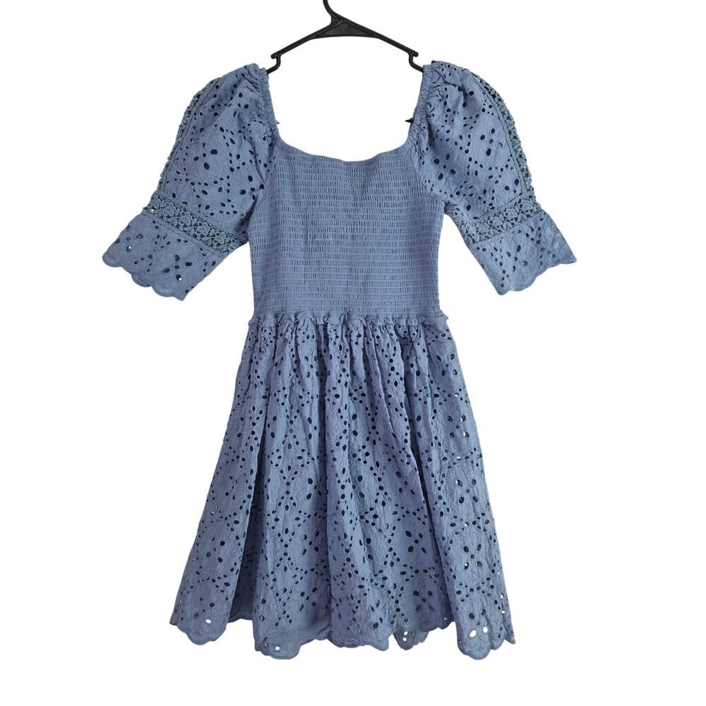 Betsey Johnson Eyelet Lace Mini Dress M Womens Blue Coquette Cottage Core V Neck - Picture 6 of 6